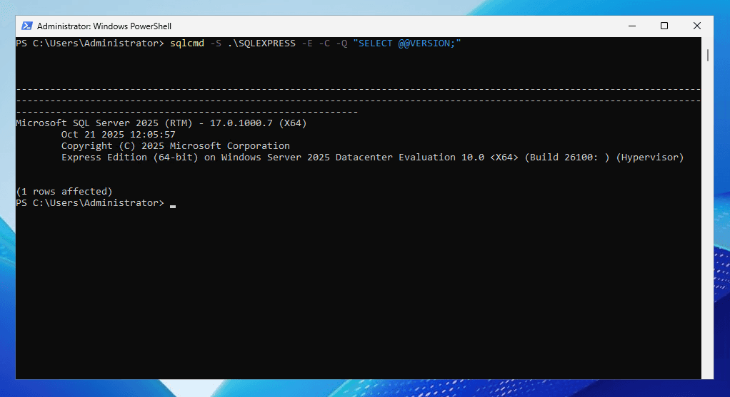 sqlcmd output showing SQL Server edition and version information for a SQLEXPRESS instance.