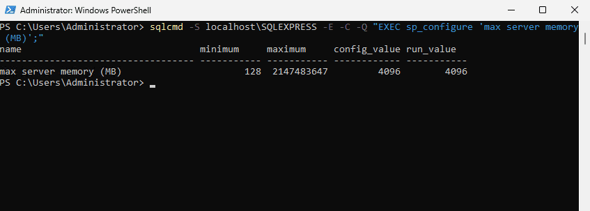 sqlcmd output verifying SQL Server max server memory is set to 4096 MB on a Raff Windows VPS.