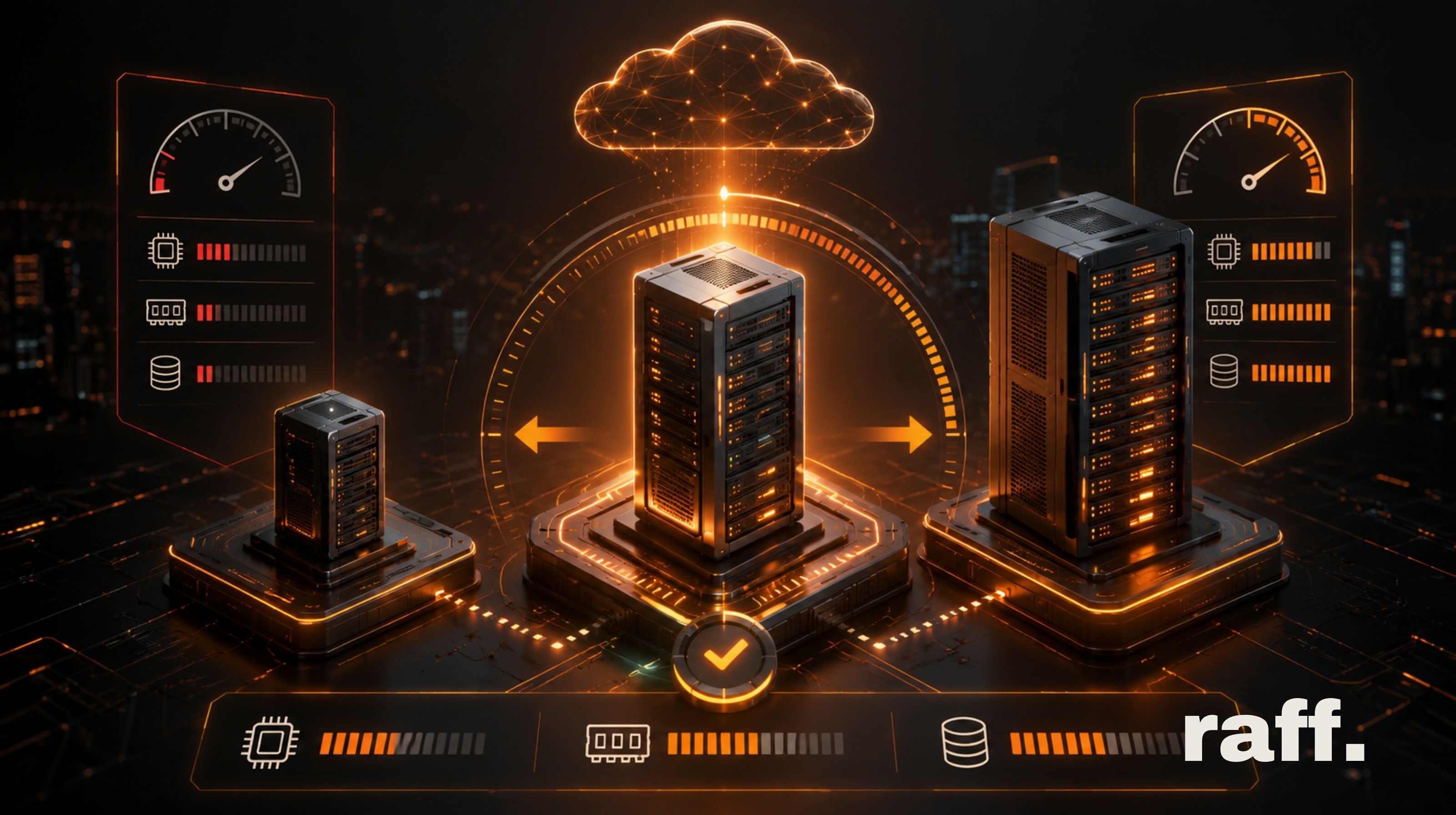 High-tech thumbnail showing three orange-lit cloud servers with CPU, memory, and storage indicators, representing right-sized cloud VM selection and scalable server resources.