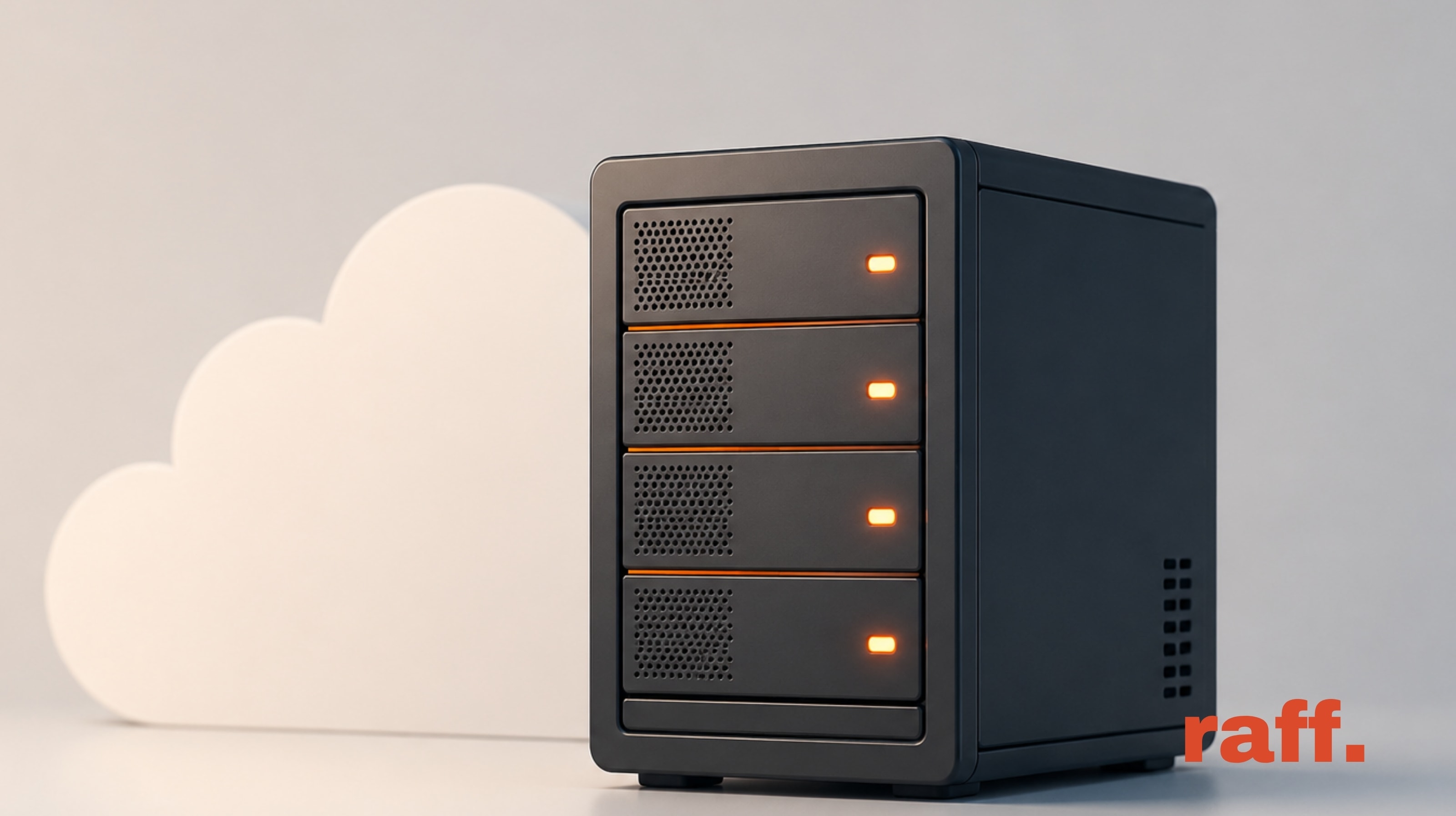 Minimal 3D illustration of a dark cloud server with orange status lights beside a soft cloud shape, representing high-memory cloud VMs and simple scalable hosting.
