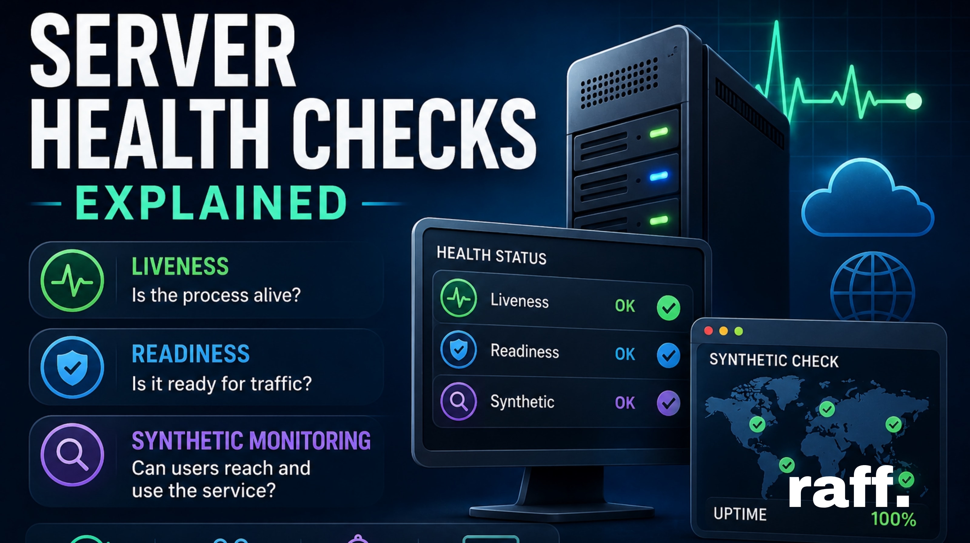 High-tech server health monitoring visual with Raff-orange glowing server racks, cloud nodes, heartbeat indicators, and connected infrastructure checks on a dark modern grid.