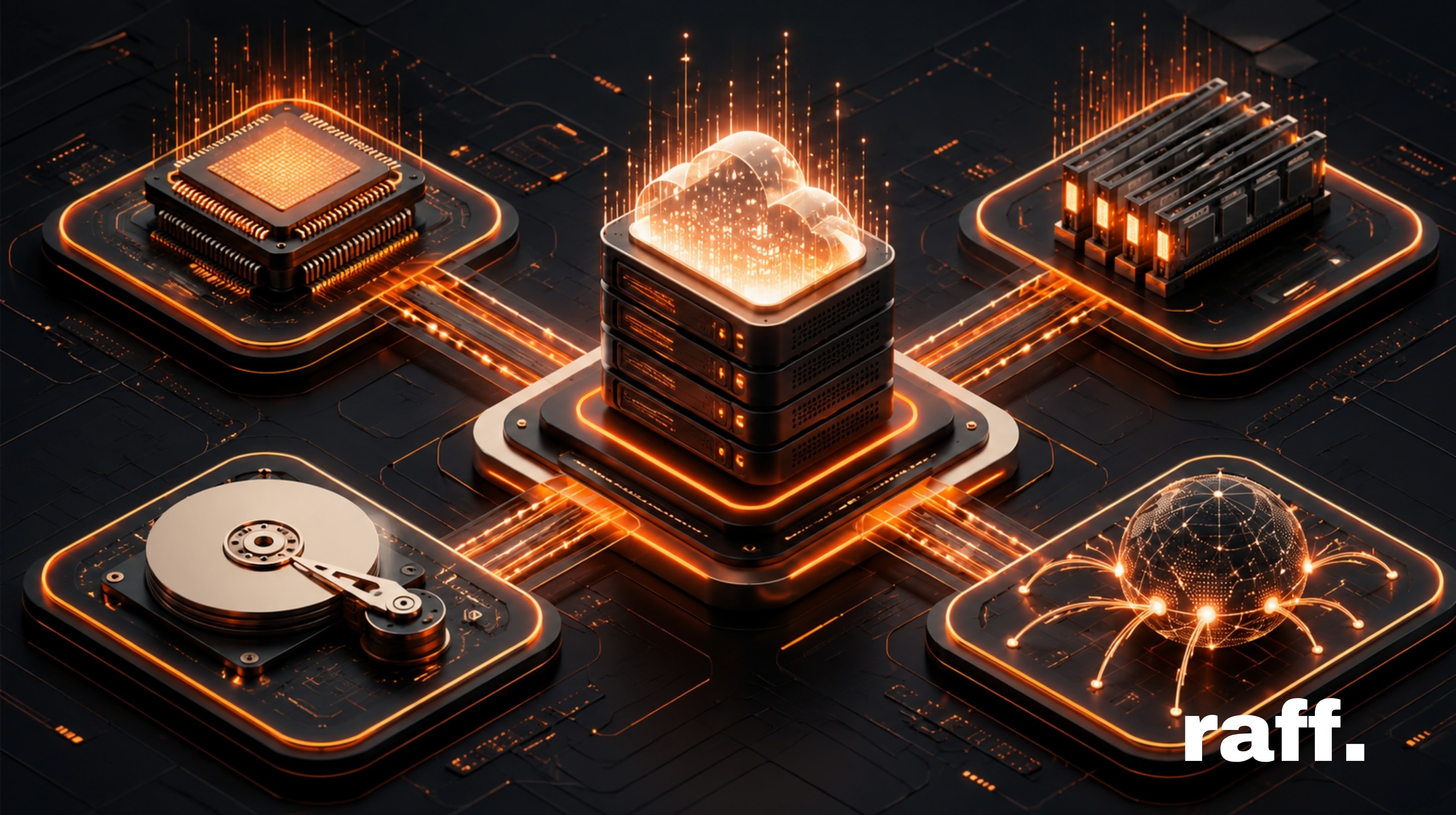High-tech cloud server performance visual showing a central VM connected to CPU, RAM, disk storage, and network modules in Raff orange and dark modern colors.