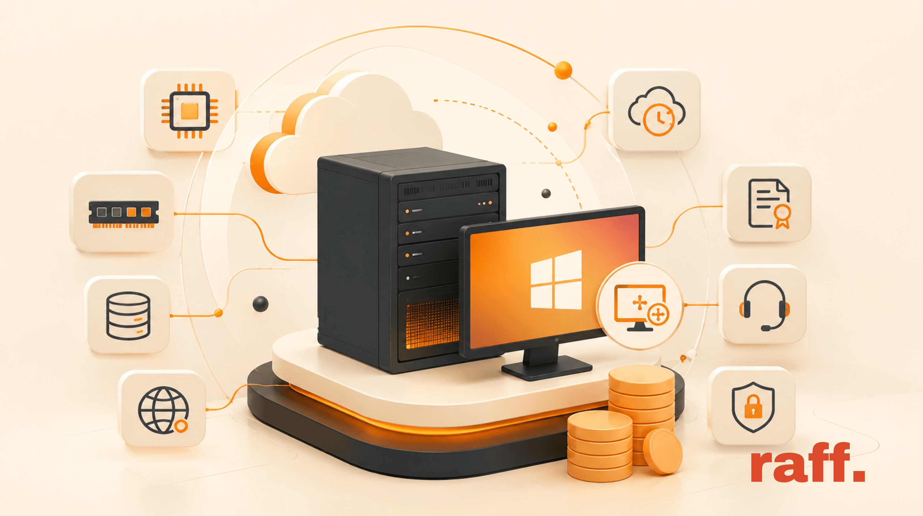 Illustration showing RDP VPS pricing factors including Windows VPS resources, Remote Desktop users, licensing, backups, bandwidth, support, and security.
