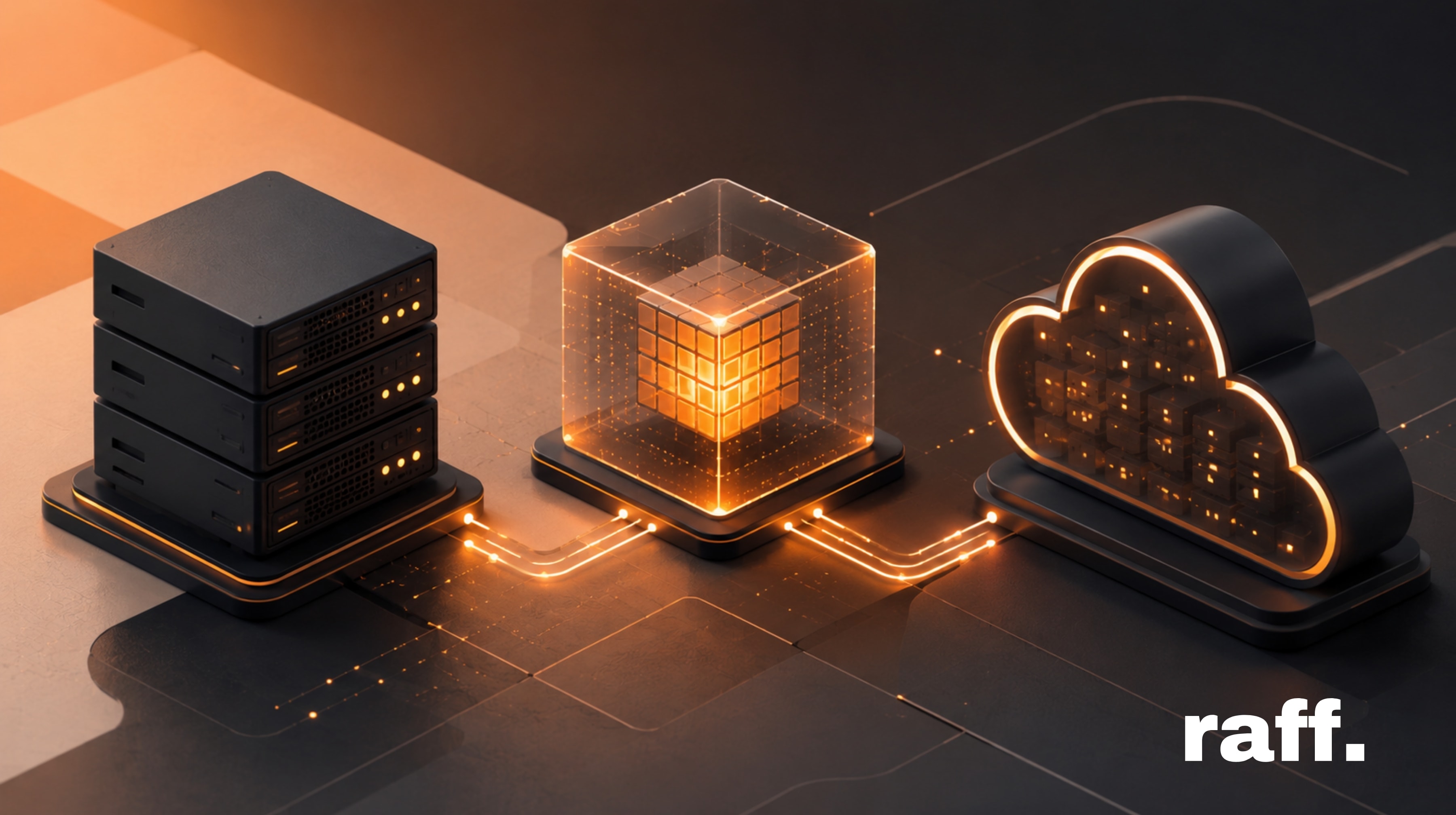 Abstract Raff-colored 3D visual showing physical server hardware, a virtual machine cube, and a cloud server concept side by side.