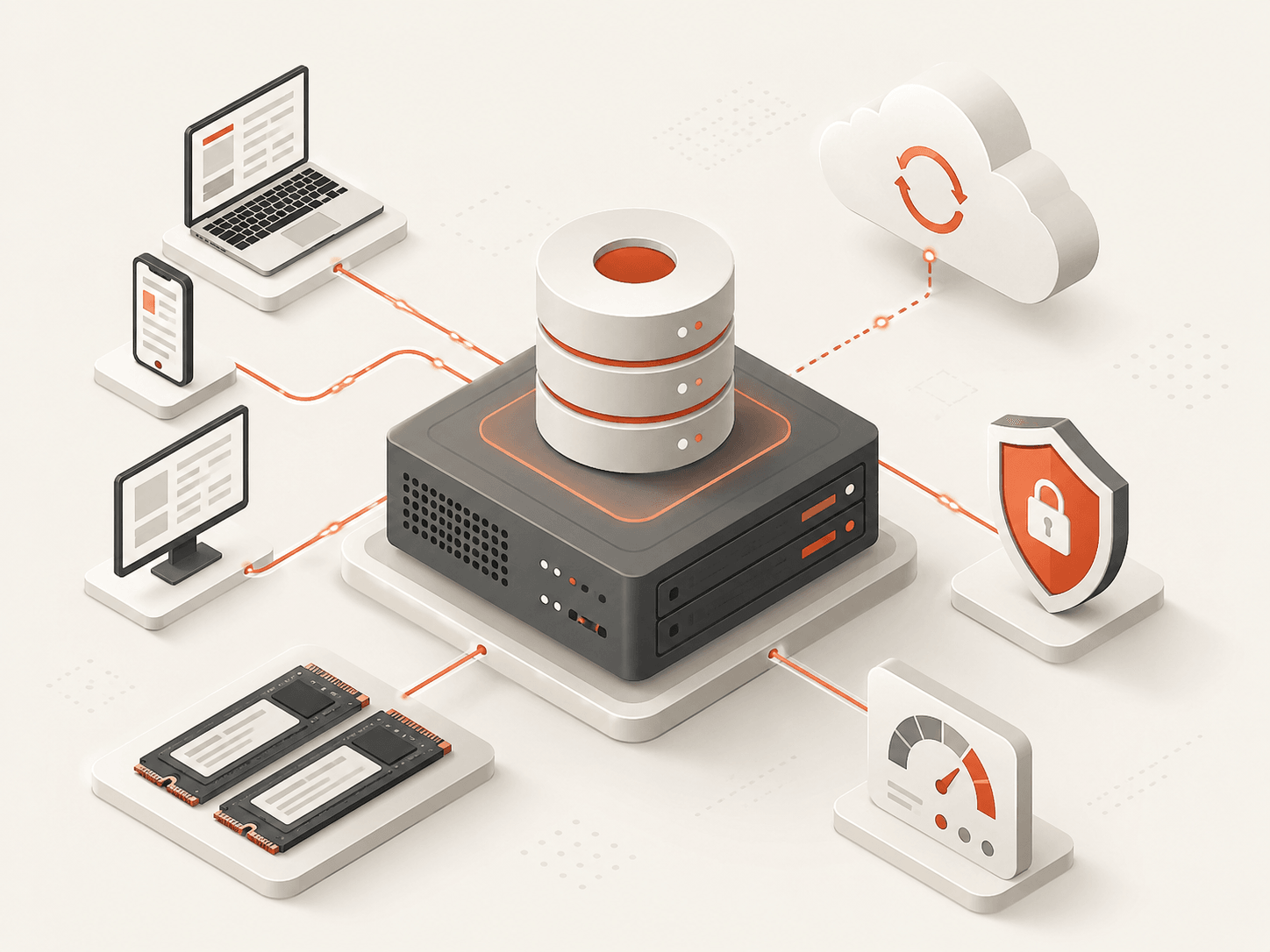 Illustration showing a database hosted on a VPS with application connections, NVMe storage, backups, monitoring, and security controls.