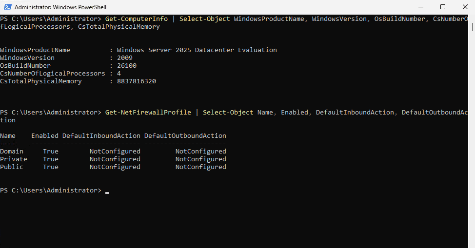 PowerShell output showing Windows Server 2025 test environment and enabled Windows Firewall profiles on a Raff VPS.
