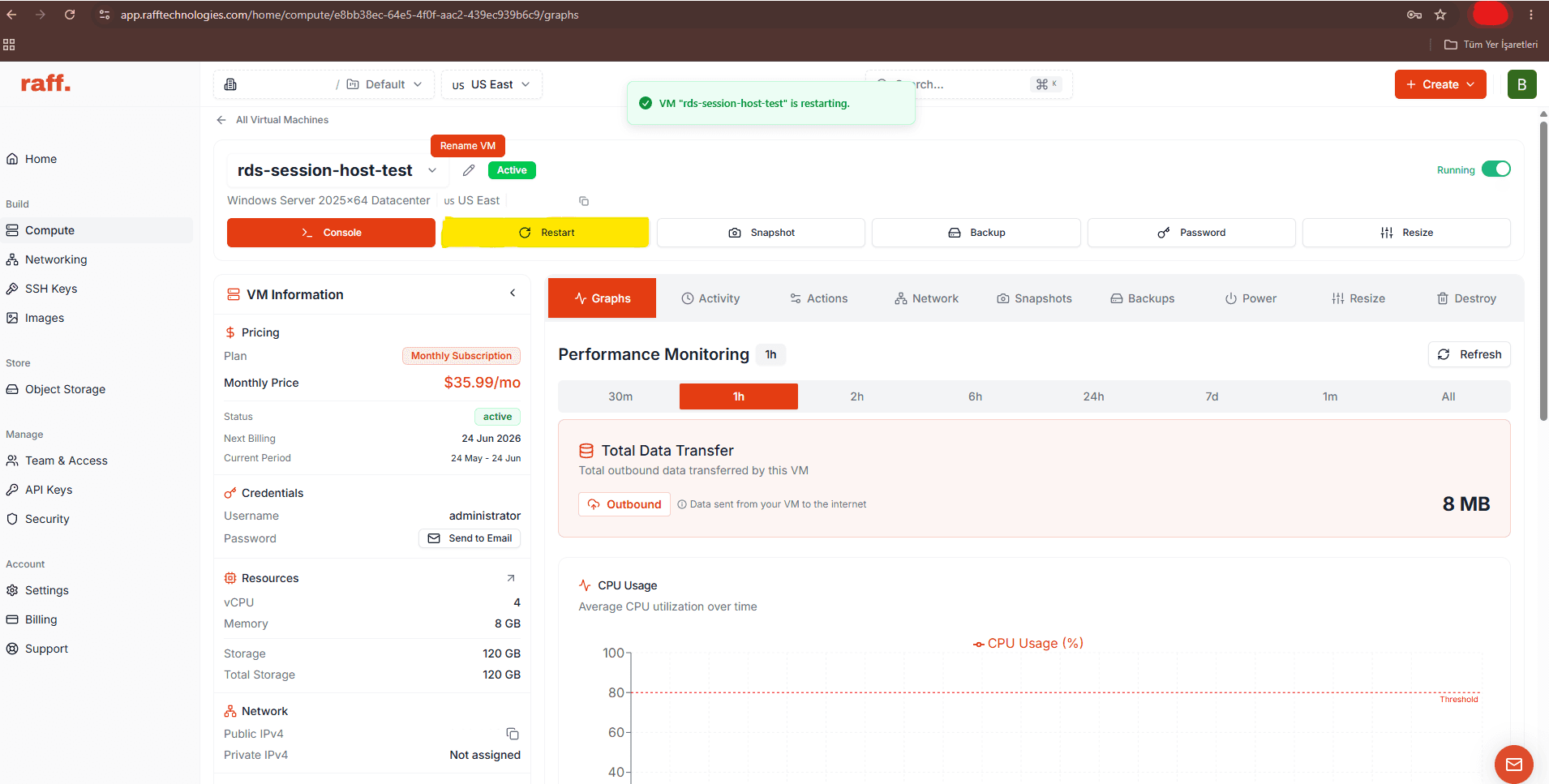 Raff dashboard controls used before a planned Windows Server update maintenance window.