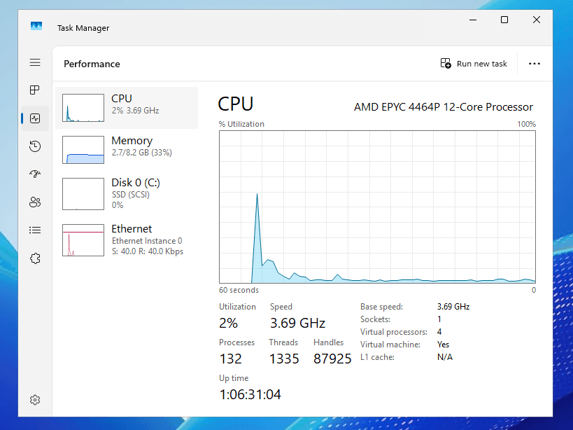 Task Manager Performance tab showing CPU and memory usage during an RDP session on a Raff Windows Server VPS.