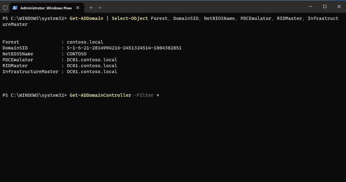 PowerShell output showing the promoted Windows VPS verified as a domain controller for the contoso.local Active Directory domain.