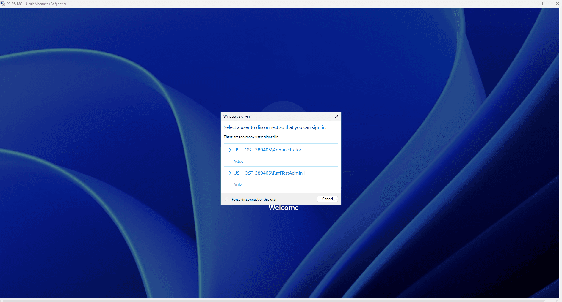 Windows Remote Desktop warning showing that a third login is blocked because too many users are already signed in.