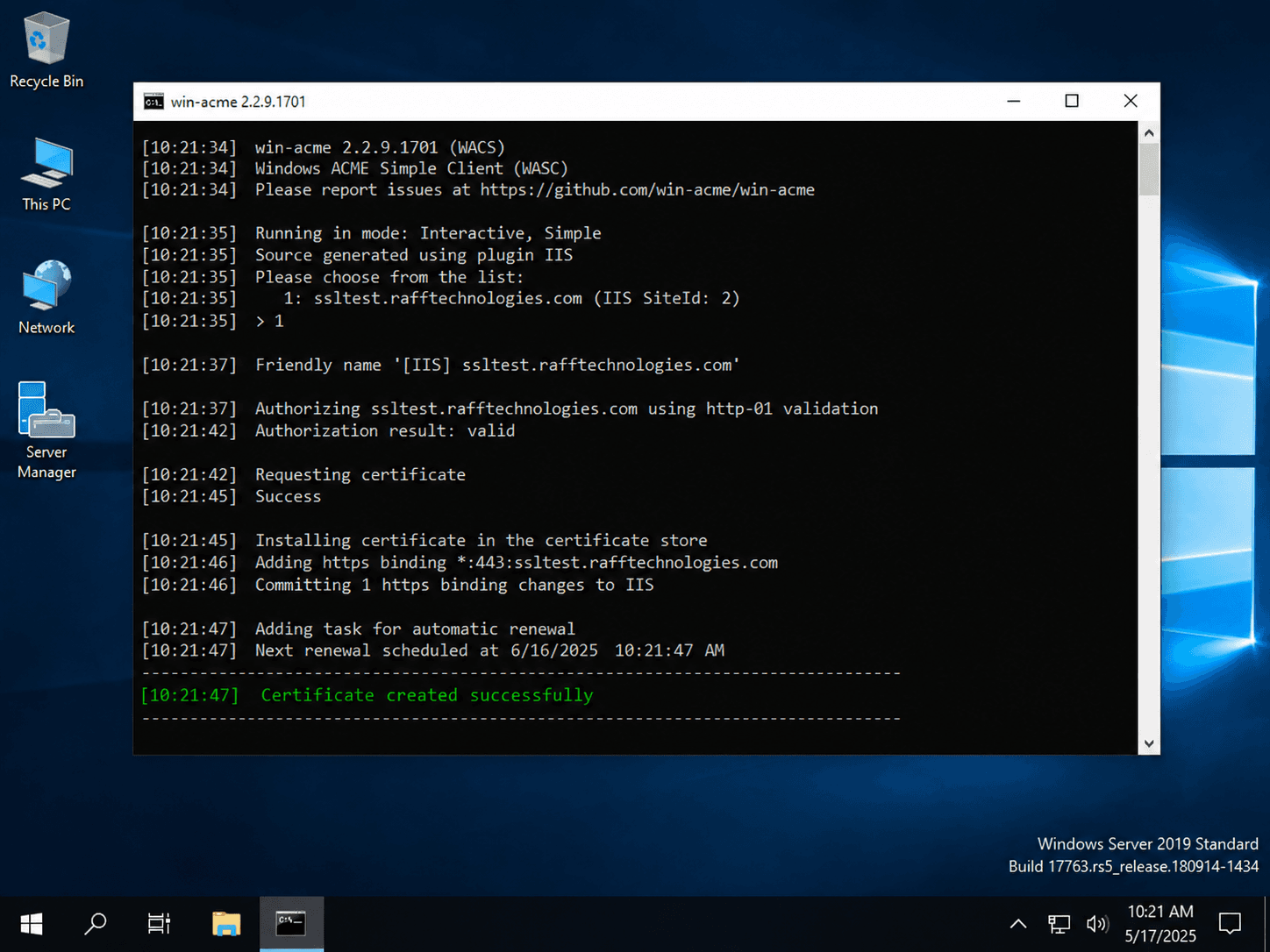 Win-acme console output showing a Let's Encrypt certificate created successfully and HTTPS binding added to IIS on a Windows VPS