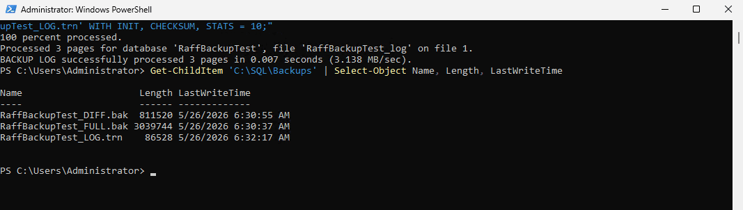 PowerShell output showing SQL Server full, differential, and log backup files created on disk.