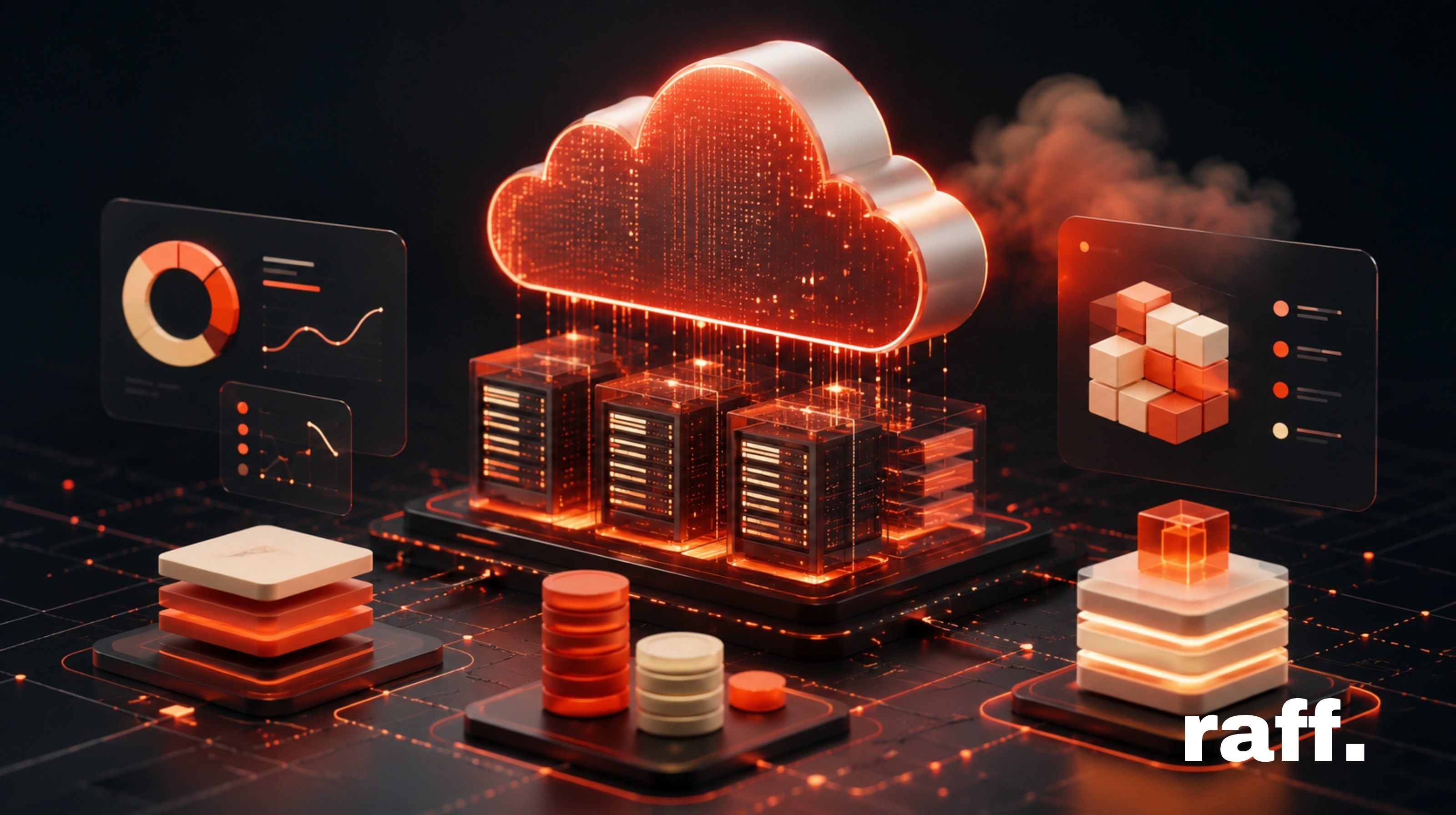 High-tech cloud server pricing visual with glowing Raff orange cloud infrastructure, server racks, cost blocks, analytics panels, and connected data modules on a dark modern grid.