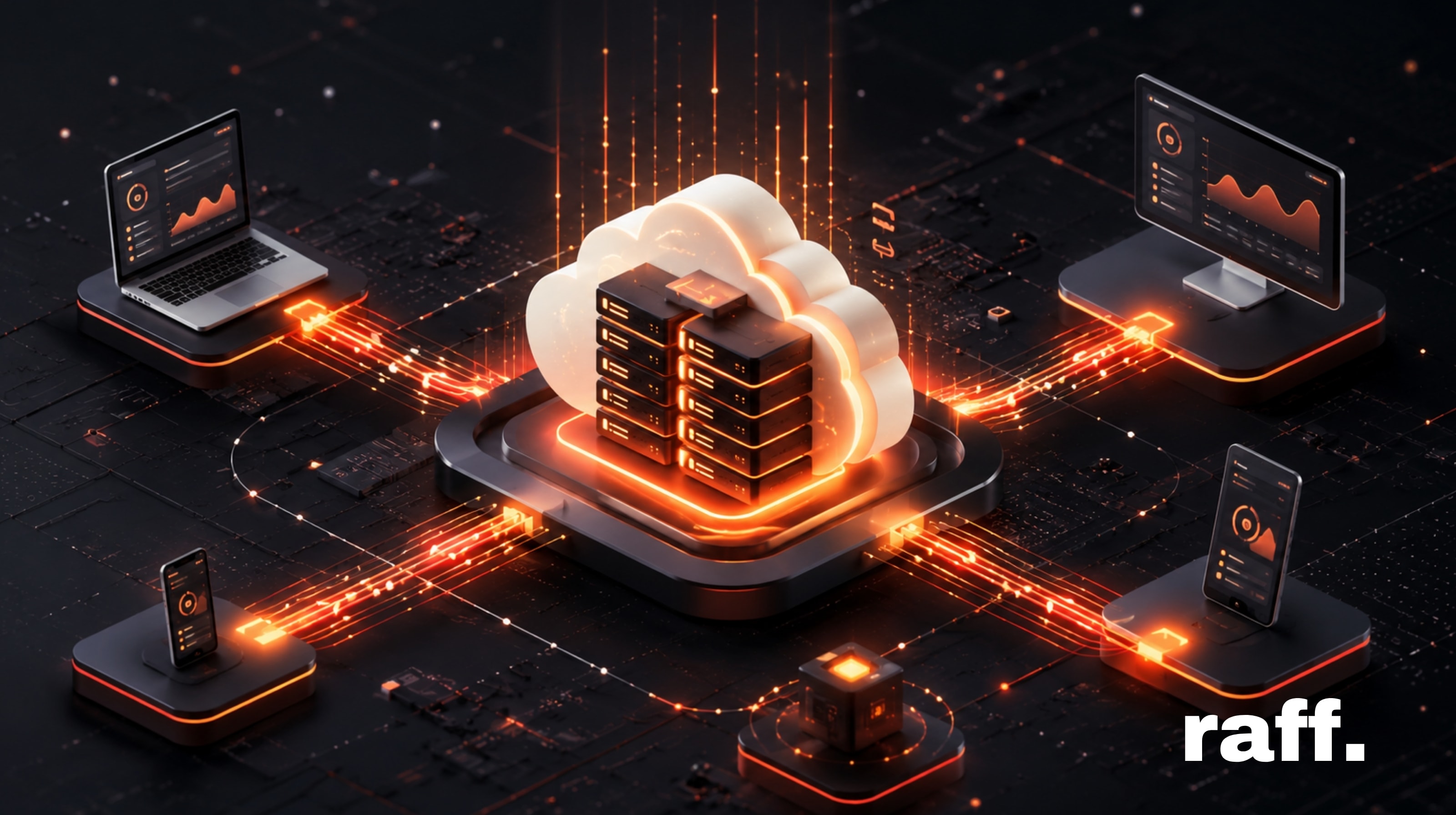 High-tech WebSocket hosting visual with a glowing Raff-orange cloud server connected to laptop, desktop, and mobile clients through real-time data streams on a dark modern grid.