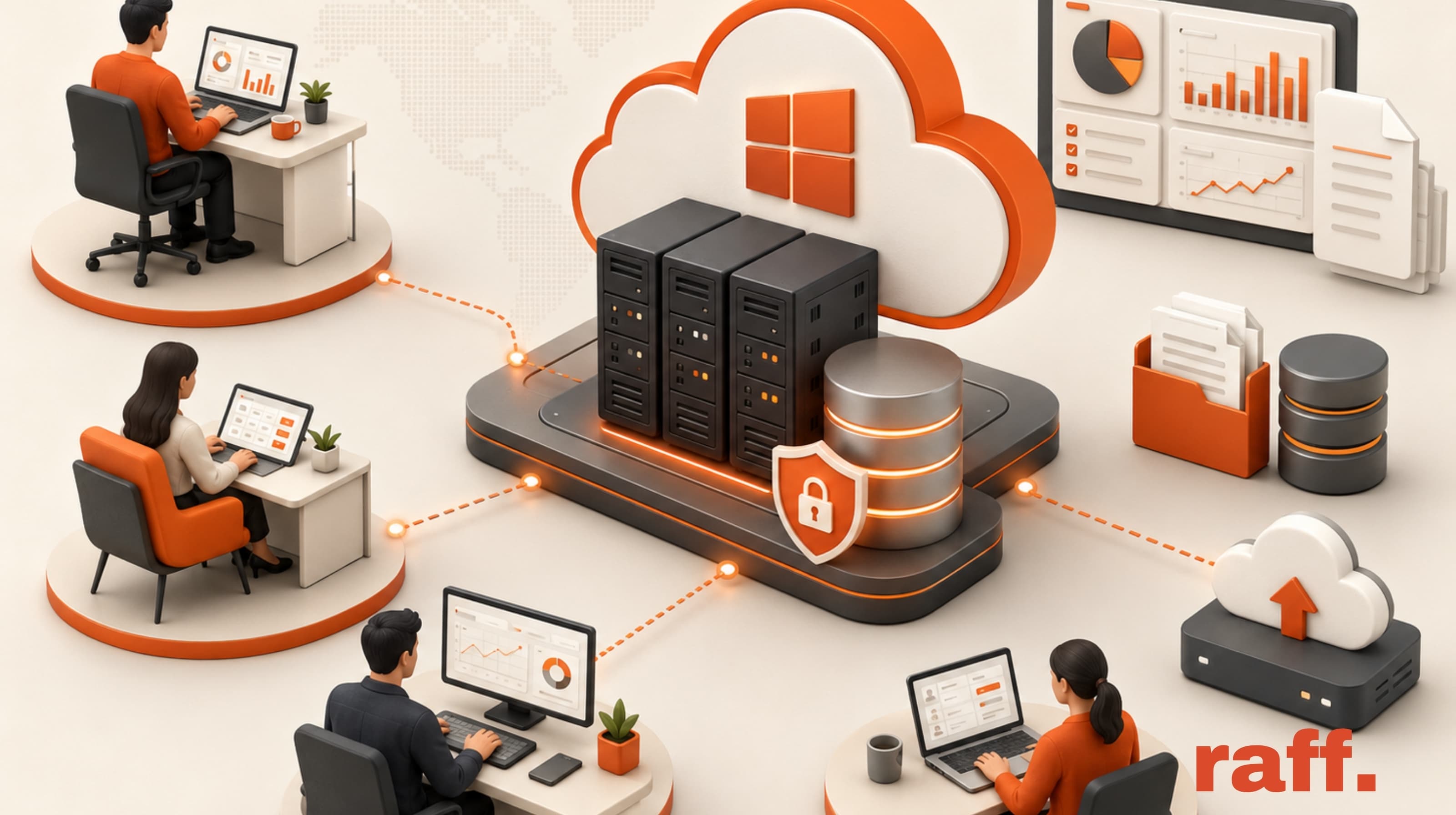 ERP software hosted on a Windows VPS with remote business users, SQL database, secure access, backups, and centralized cloud infrastructure.