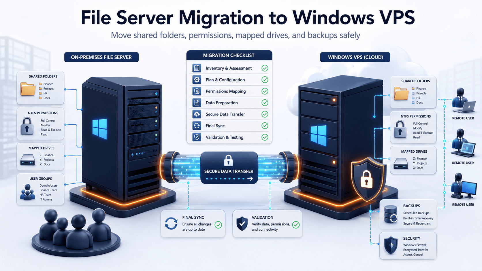 Windows file server migration image showing shared folders, NTFS permissions, mapped drives, backups, and Windows VPS destination