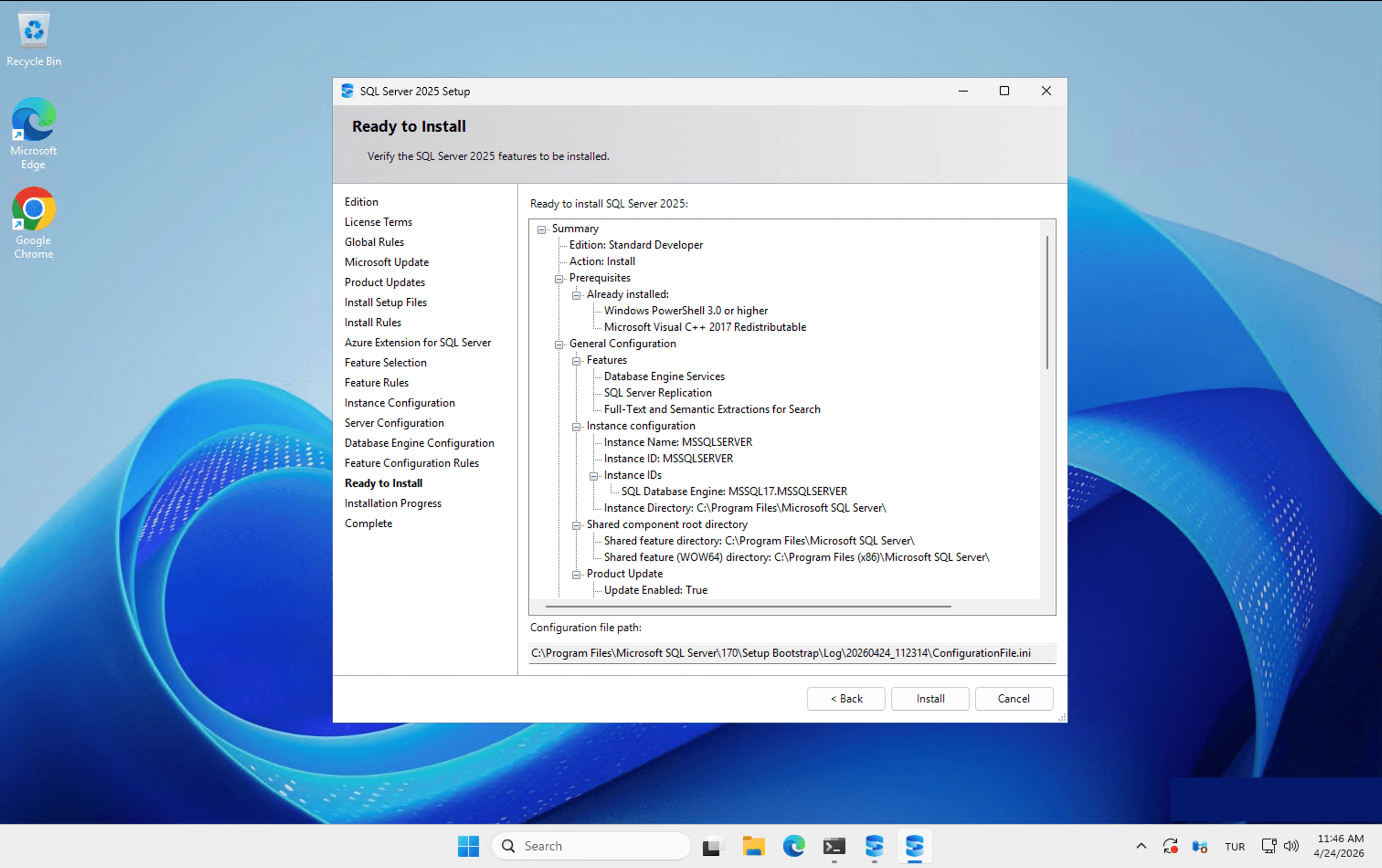 SQL Server 2025 Standard Developer install summary on Raff Windows Server with Database Engine, Full-Text Search, and default instance