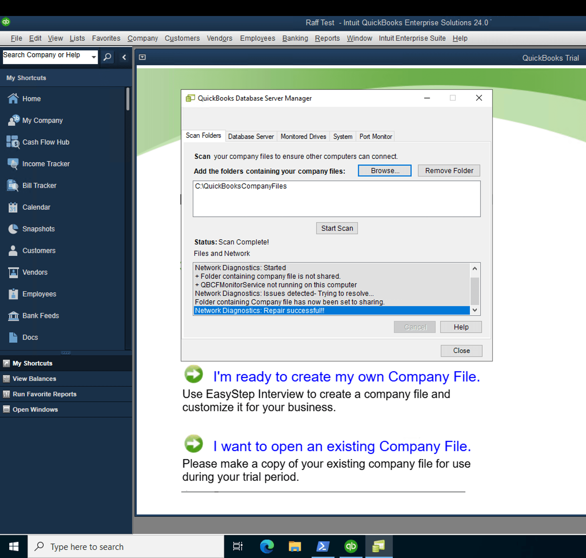 QuickBooks Database Server Manager Scan Folders tab empty state before any folder has been added