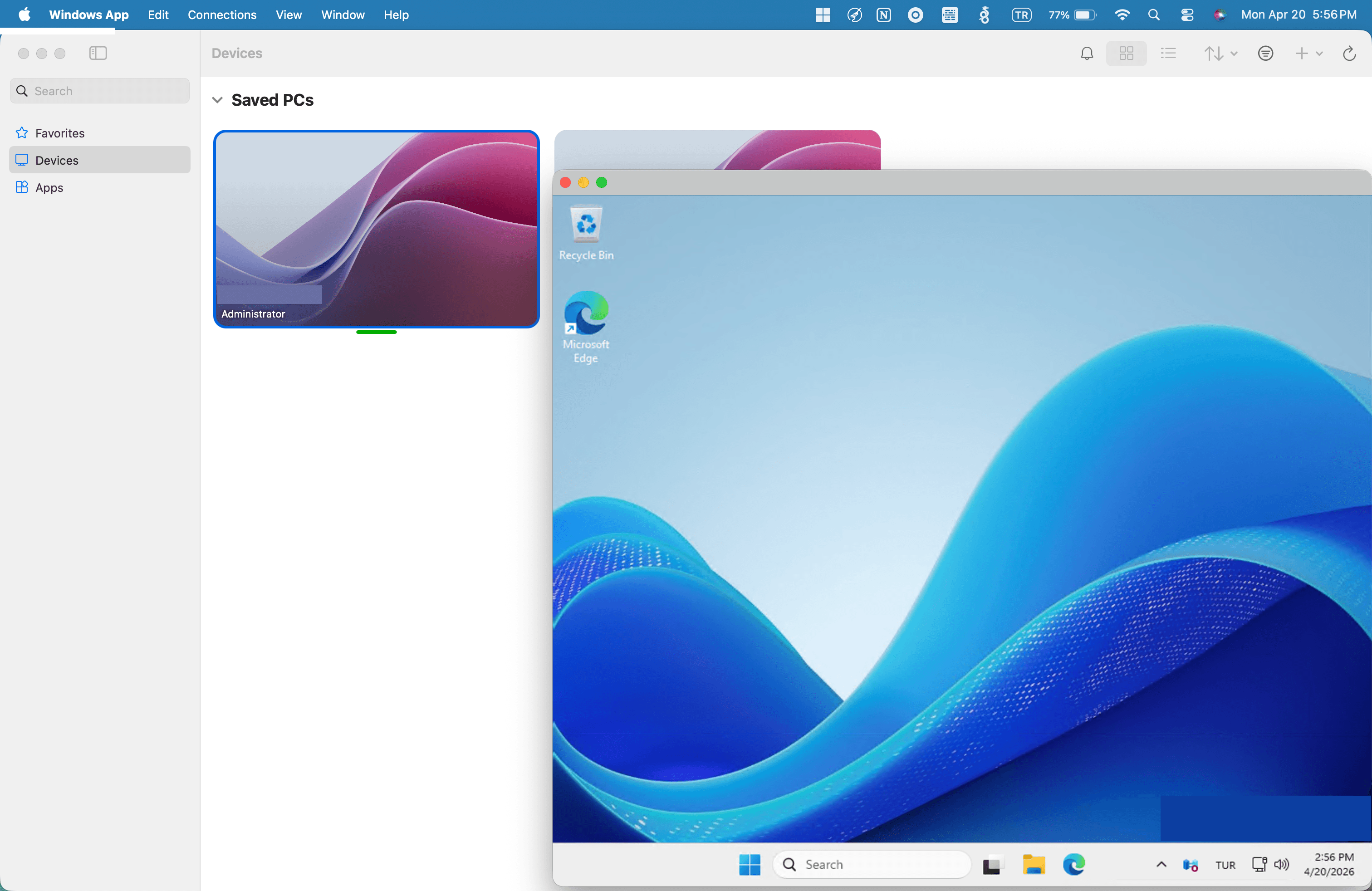 Windows Server 2025 desktop shown inside a macOS Windows App RDP session connected to a Raff VPS