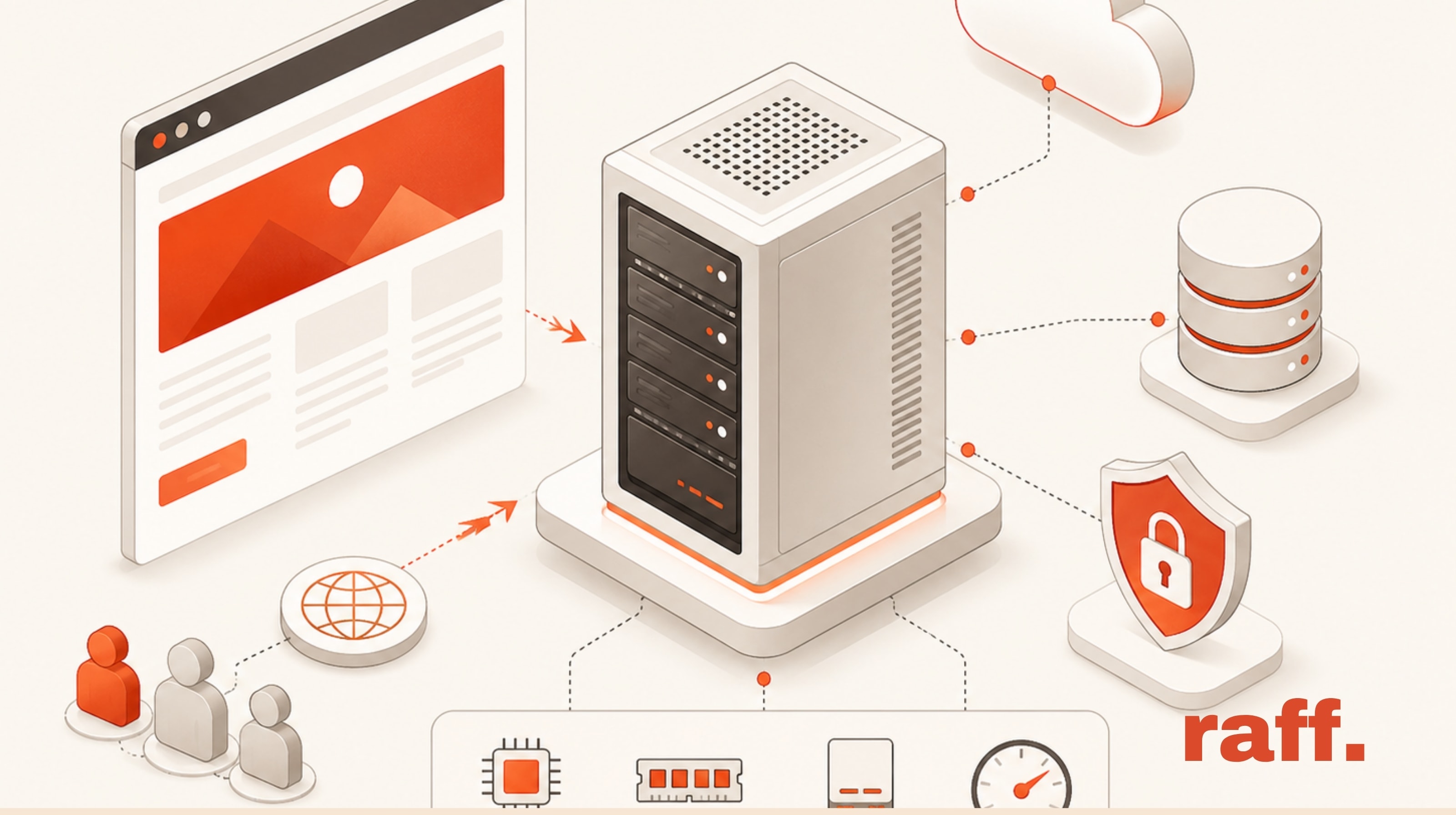Illustration showing a website hosted on a virtual private server with dedicated resources, database, SSL, and web traffic.